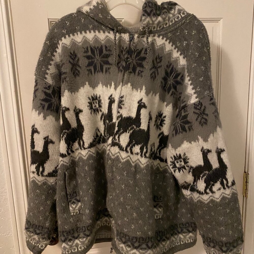 Men’s Large Alpaca Wool Hoodie – Gray/Black Patterned – Yari Artesanías